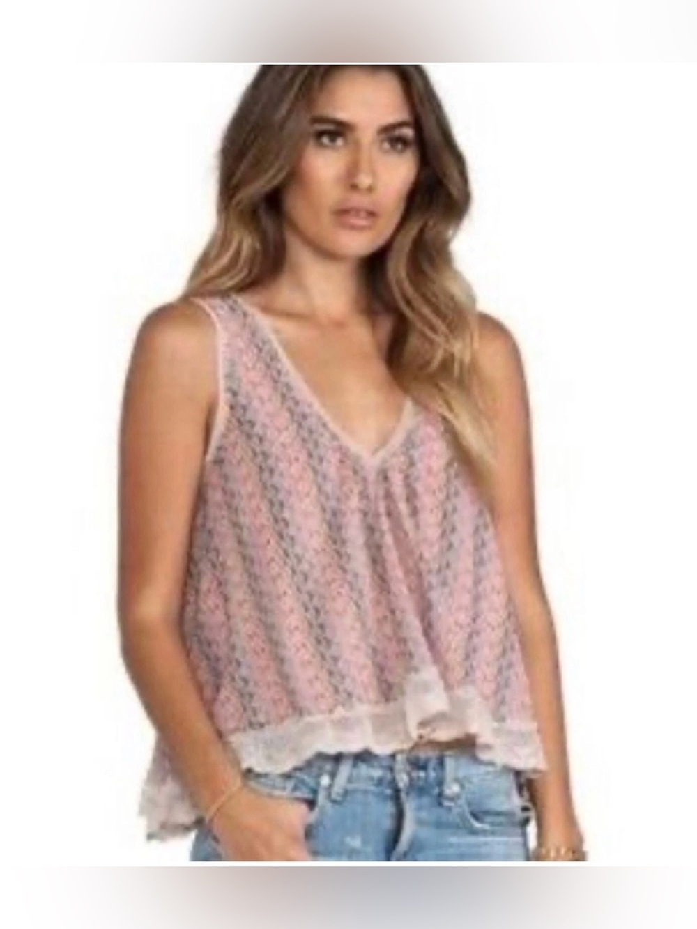 free people printed sleeveless lace trim tank top